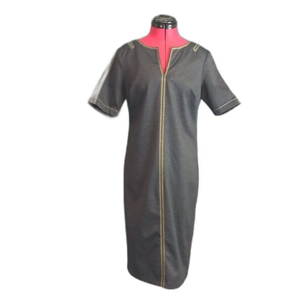 T Tahari Denim Dress Women's Size 8 Sheath Midi V-Neck Short Sleeves - Picture 1 of 8